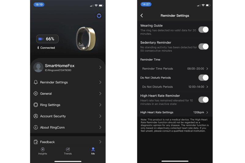 RingConn app settings displayed.