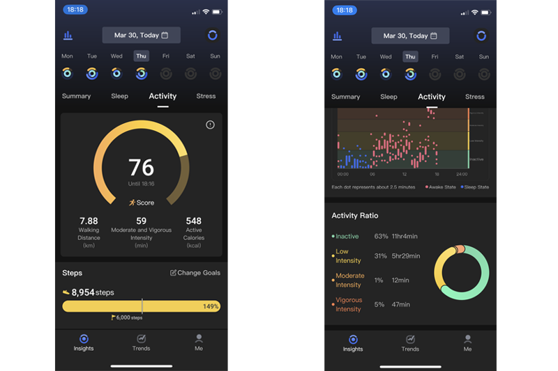 You can see the recorded activity score and activity levels in the RingConn app.