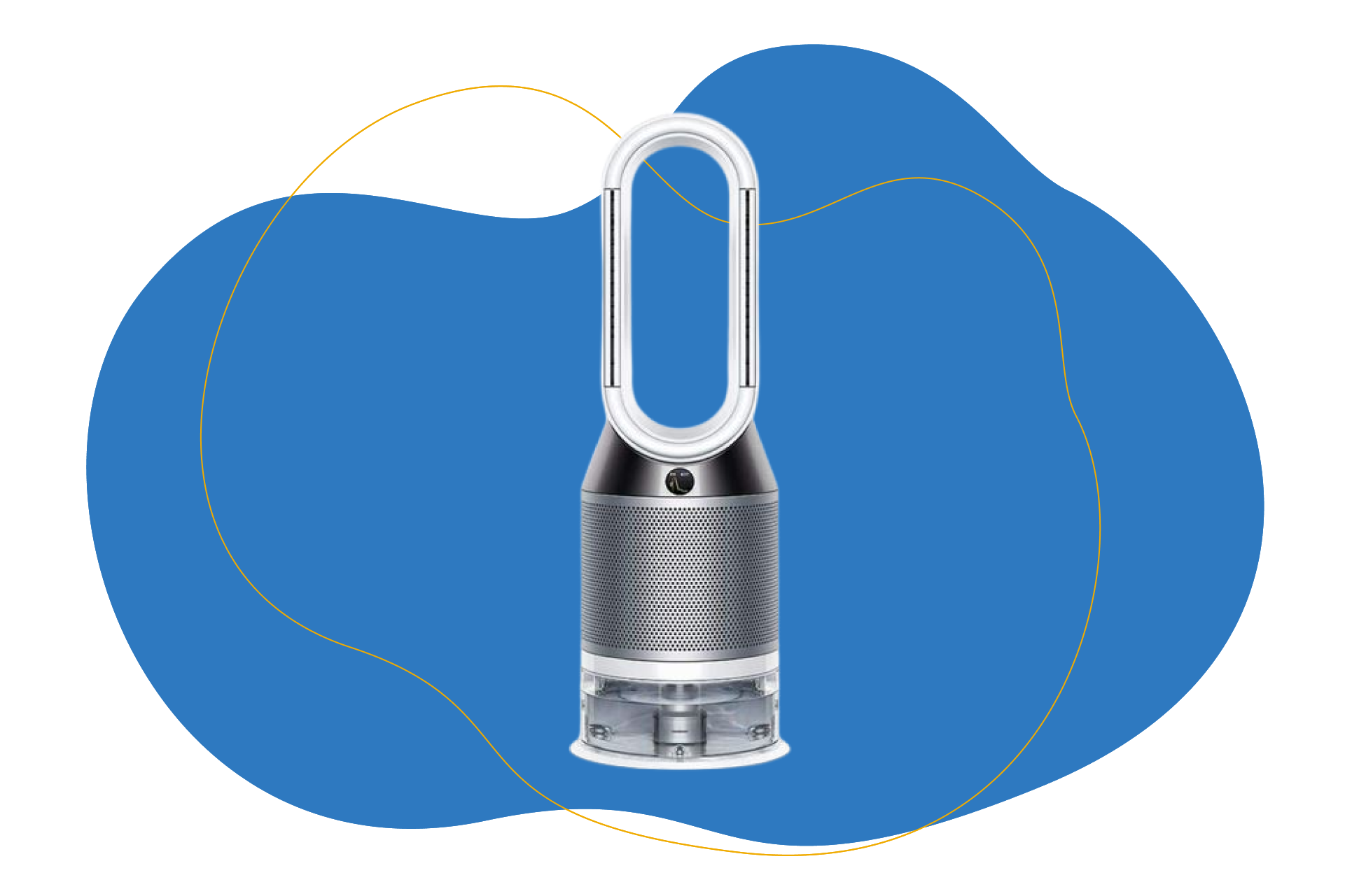 The Dyson Pure Humidify+Cool air purifier, humidifier and fan stands against a white background.