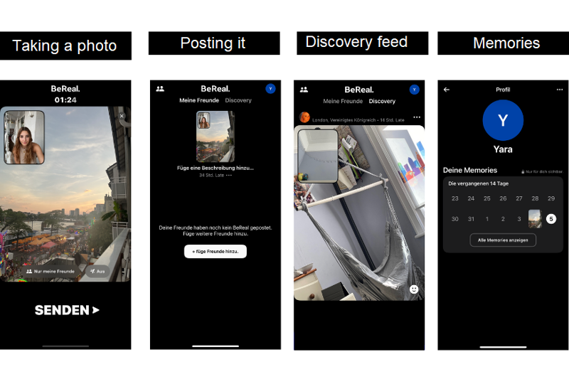 An image showing the different options in the BeReal app in use.