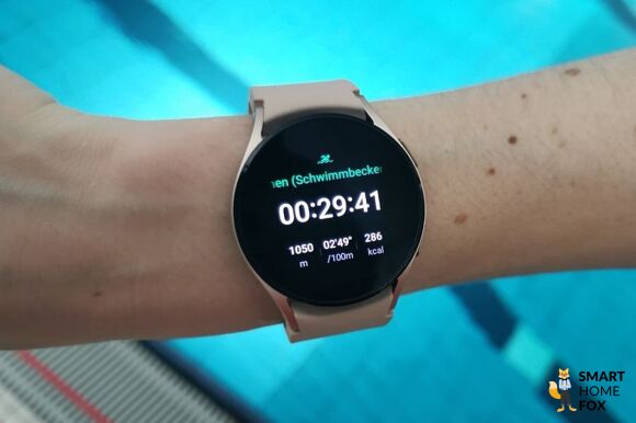 The Samsung Galaxy Watch 4 is seen being worn in the swimming pool.