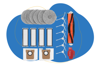 Original spare parts for Dreame robot vacuum cleaners are on display.