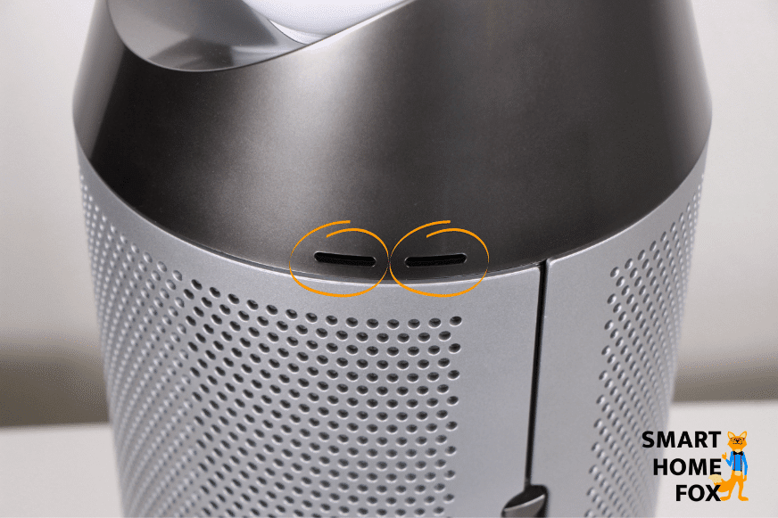 The sensor air inlets, behind which is the Dyson Pure Hot and Cool HP04 air purifier's air quality sensor.