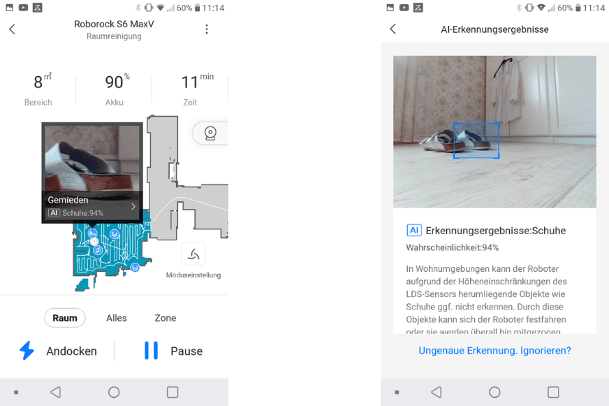 Showing Roborock S6 MaxV's detected obstacles in the Mobile App