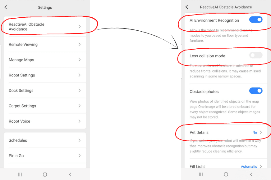 Various settings regarding the Roborock S7 MaxV Ultra's Reactive AI 2.0 obstacle detection technology are made in the app.