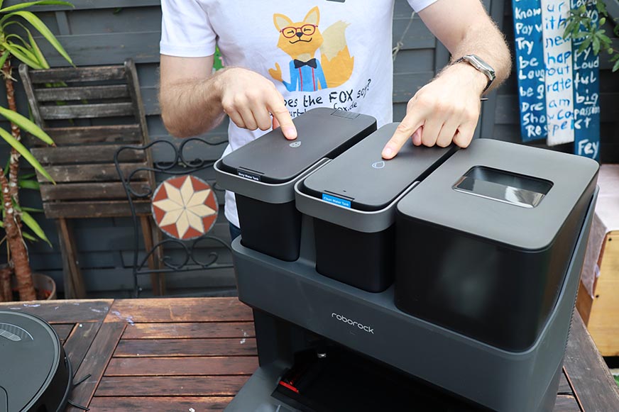 The Roborock S7 MaxV Ultra's dirty water tank can be seen in the close-up view.